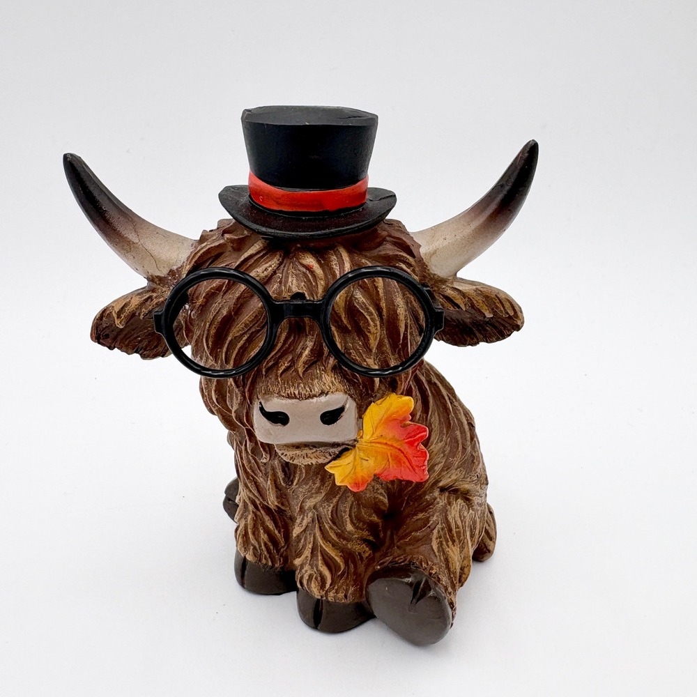 Highland Cow Figurine Statue with Top Hat and Glasses Fall Decor